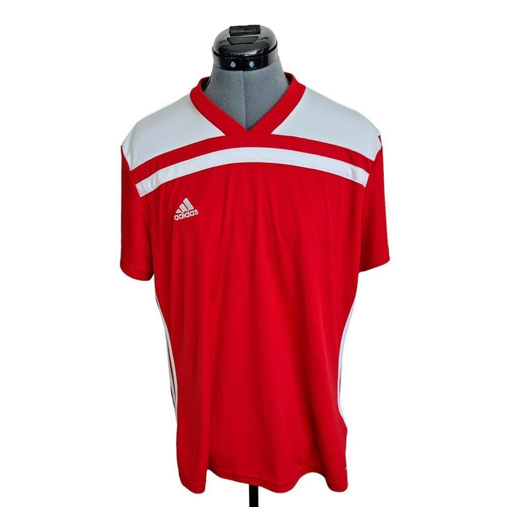 Adidas Mens XL Climalite Soccer Jersey Red White V-Neck Short Sleeve Top